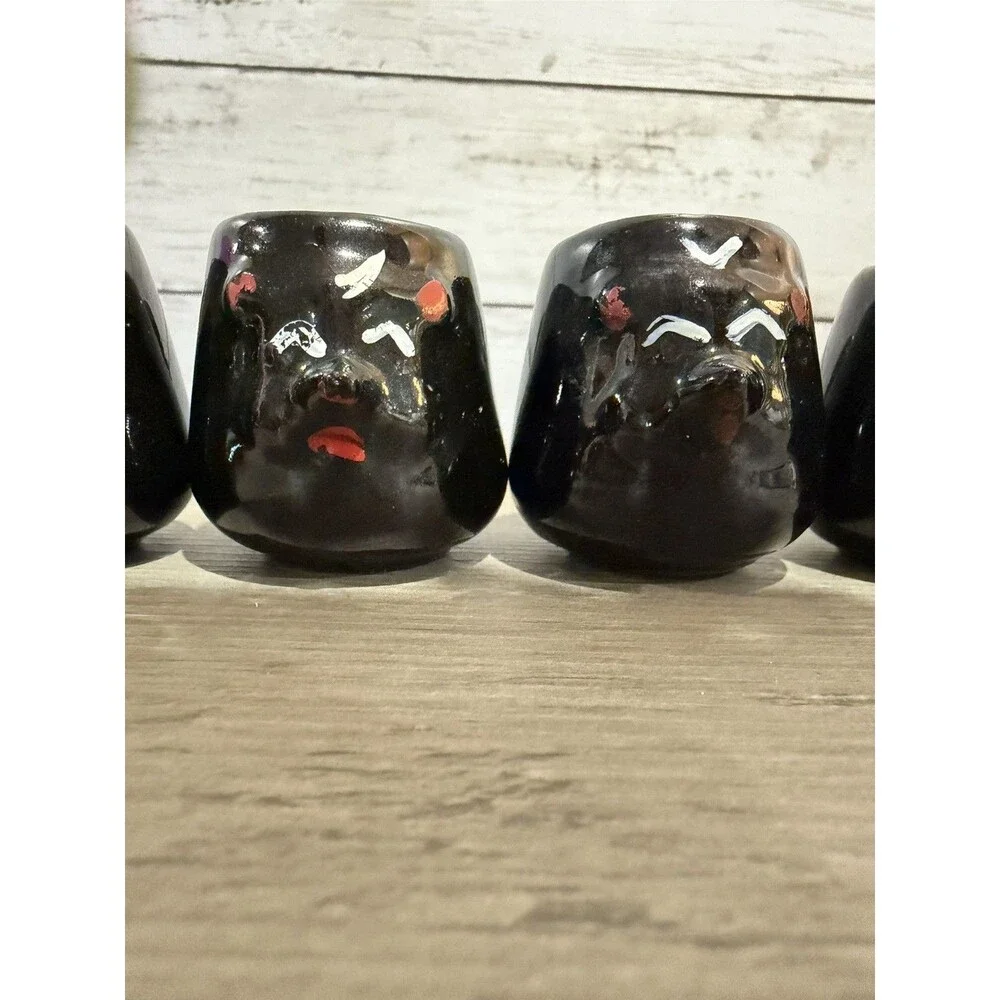 Vintage Skunk Redware Sake Cups or Shot Glasses w/Handles Hand Painted Japan